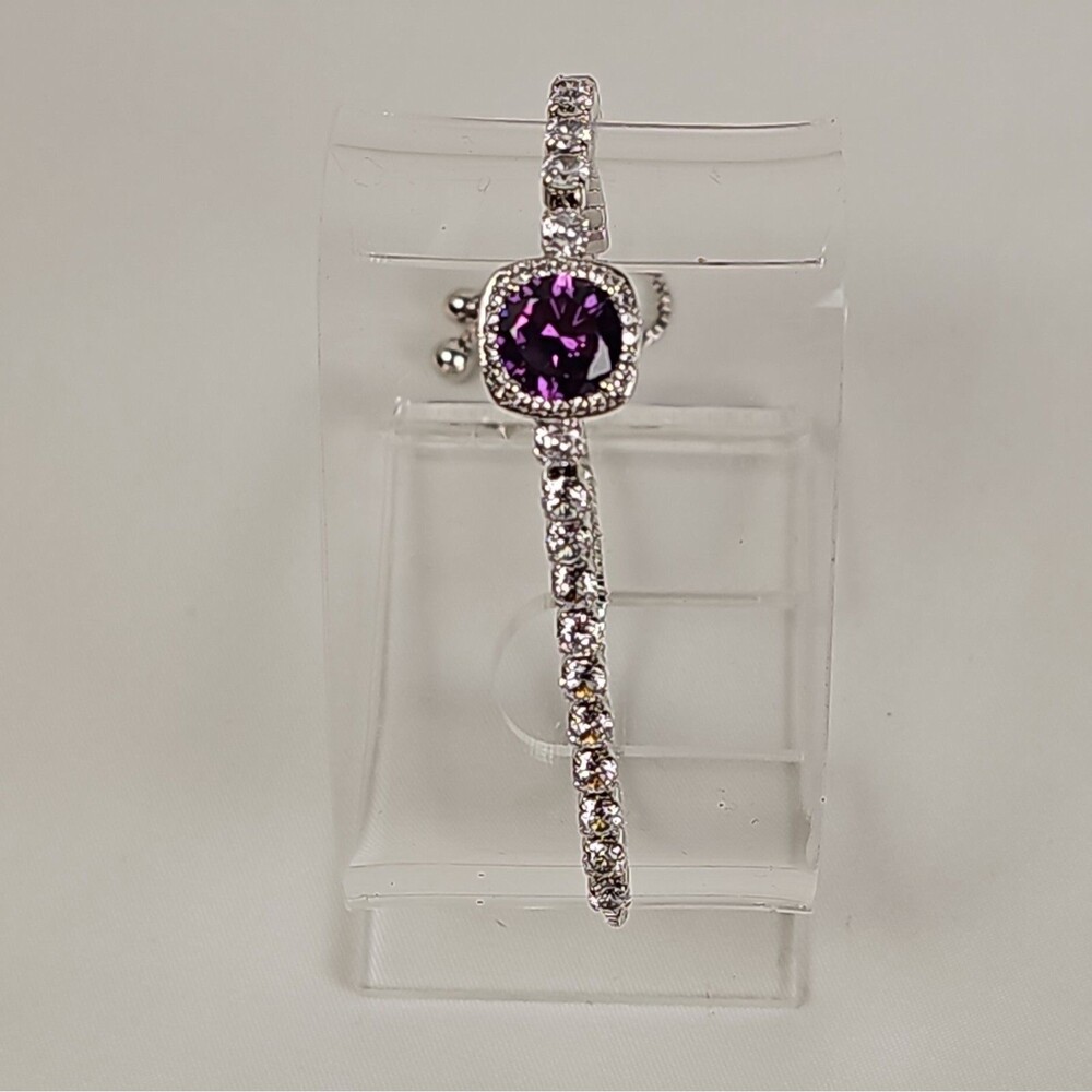 Moissanite Halo Amethyst Tennis Bracelet Silver Tone Adjustable Bolo